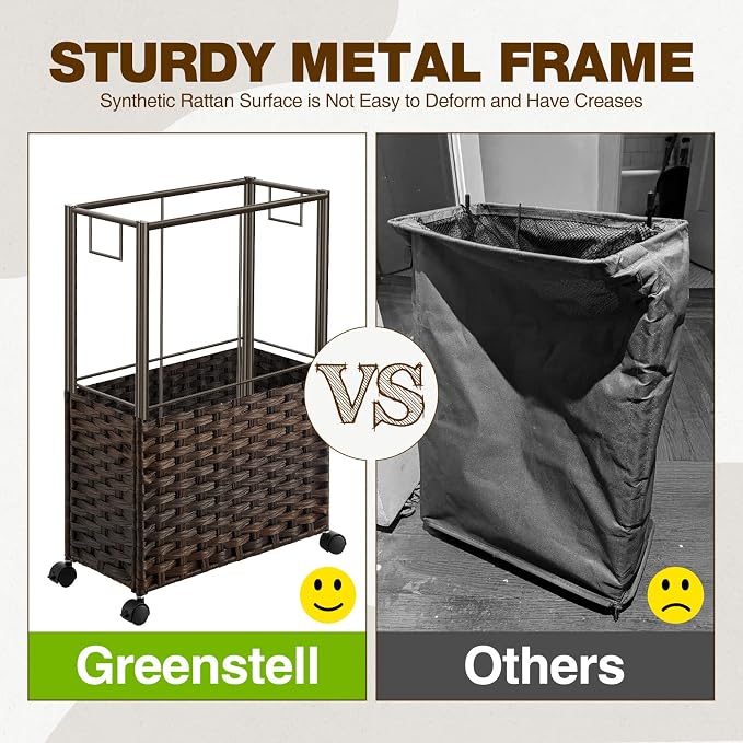 Greenstell Laundry Hamper with Wheels, 11.9 Gallon (45L) Small Clothes Hamper with 2 Removable Liner Bags & 2 Mesh Bags, Slim Rattan Laundry Basket for Bathroom, Bedroom, Brown - Image 7