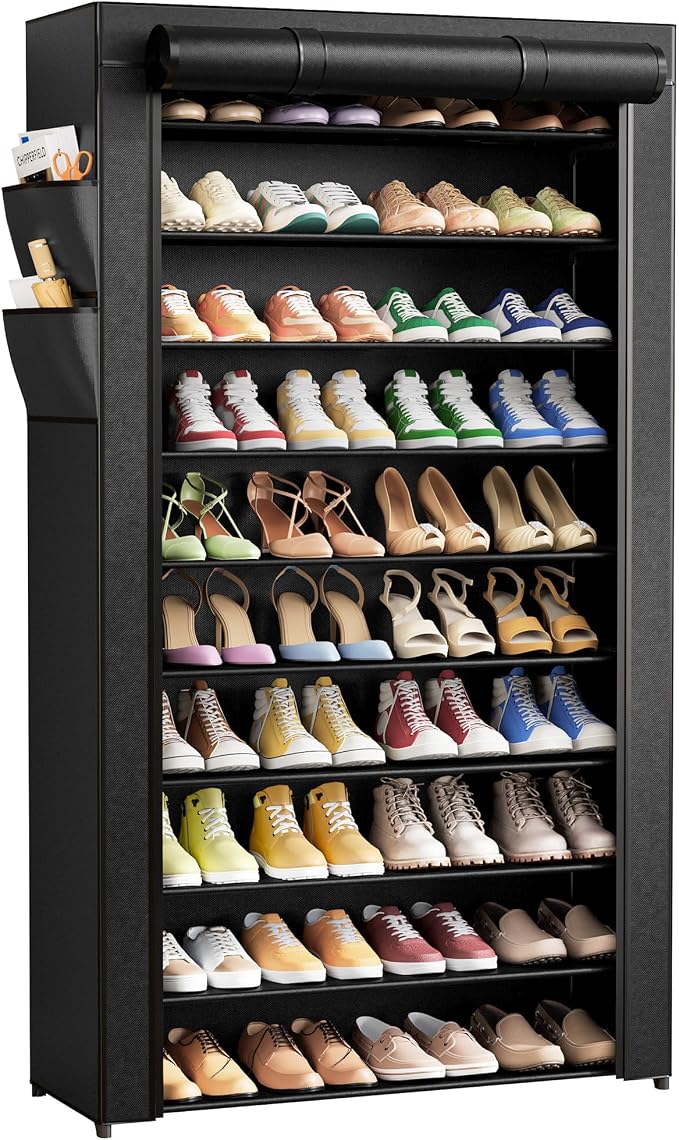 Kitsure Shoe Rack - 10-Tier Shoe Organizer with Zippered Dust Cover & Side Pockets, Easy to Assemble, Space Saving Shoe Rack for Closet, Entryway, Living Room, 33" x 12.4" x 69.3", Black by Kitsure