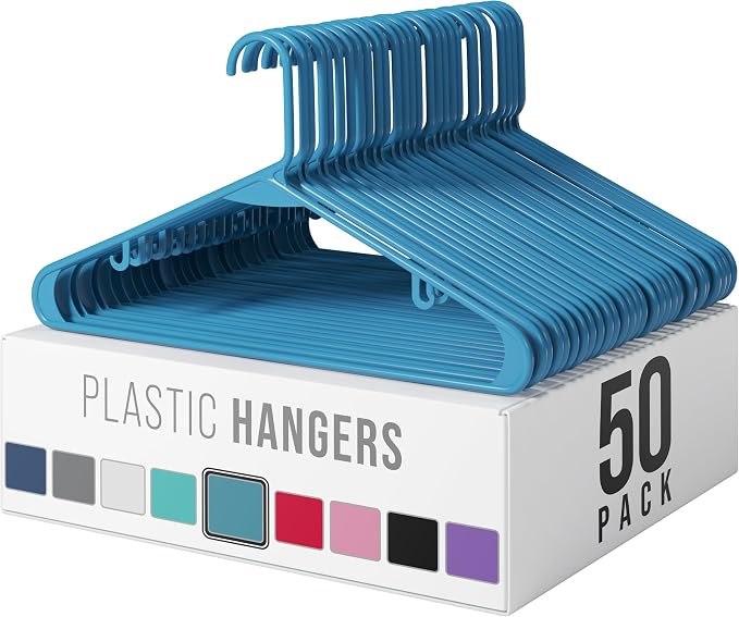 Plastic Hangers 50 Pack Blue - Clothes Hangers - Makes The Perfect Coat Hanger and General Space Saving Hangers for Closet and New Apartment Essentials - Percheros Ganchos para Colgar Ropa Hangars by Neaterize