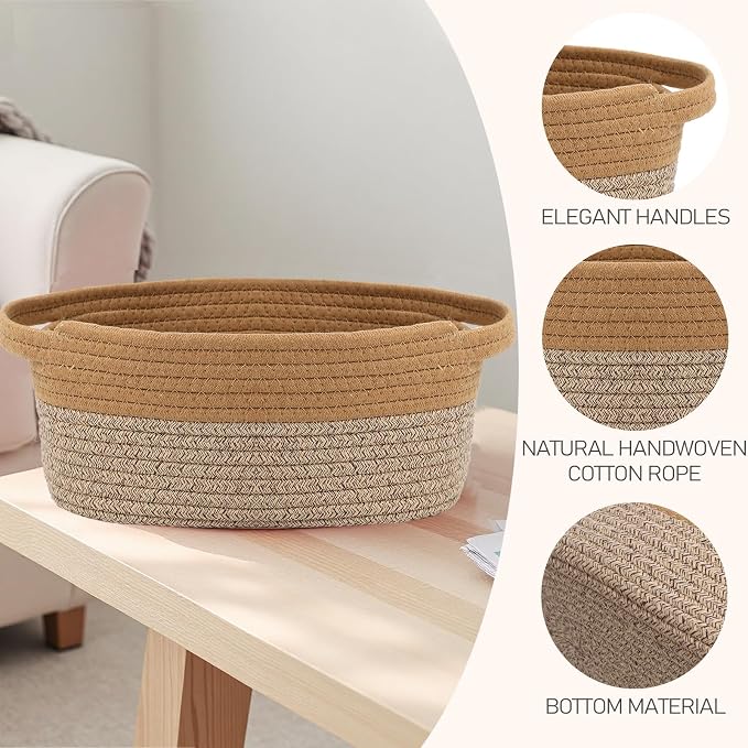 JMvicyroam Woven Basket,Small Rope Storage Bin with Handles & Ribbon Bag, Organizer for Shelves Closets,Gift Basket Empty for Birthday,Books,Dog Toys, Jute&Brown - Image 3