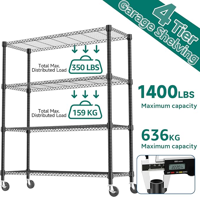 M MZG 1400LBS 47.2" W 4 Tiers Storage Shelves Metal Shelving Unit with Wheels Heavy Duty Garage Shelving Adjustable Wire Shelves for Pantry,Kitchen,Garage,Basement,Black 17.7" D x 47.2" W x 62.7" H - Image 9