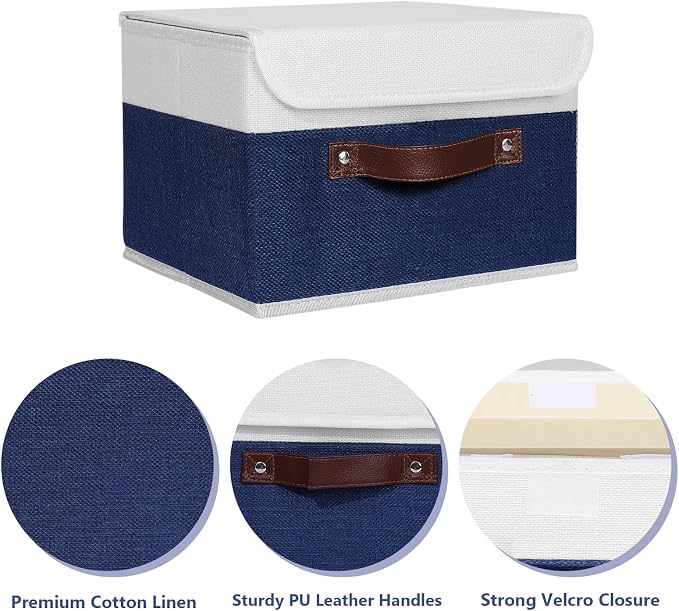 ANMINY Storage Boxes with Lids Washable Decorative Storage Bins Basket with PU Leather Handle Foldable Linen Fabric Storage Cubes Containers for Home Closet Organizer - Deep Blue White, Small Size - Image 2