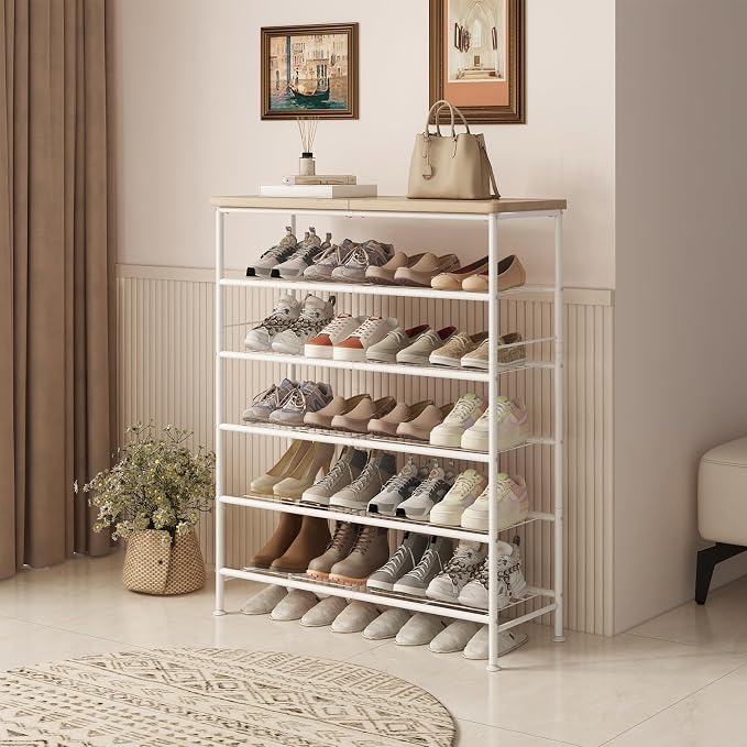 SUOERNUO Shoe Rack Organizer 6 Tier for Closet Entryway Free Standing Metal Storage Shoe Shelf with MDF Top Board，White+Oak - Image 2