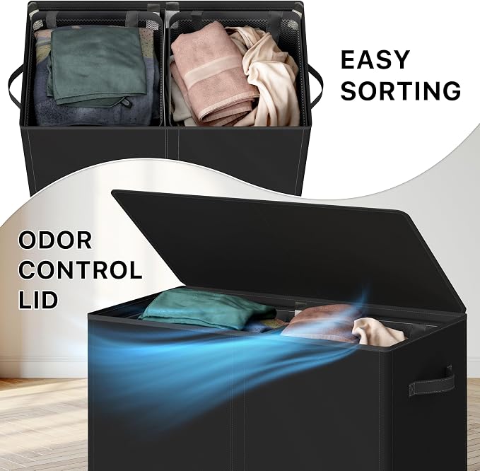 Simple Houseware Double Laundry Hamper with Lid and Removable Bags, Black - Image 6