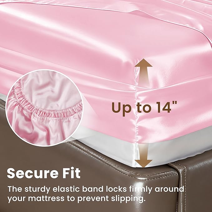 Love's cabin Satin King Sheet Sets - 4 Piece Pink Silky Sheets King Size Bed Set with Deep Pocket, Luxury Silk Feel King Size Satin Sheet Set (1 Flat Sheet,1 Fitted Sheet,2 Pillow Cases)
