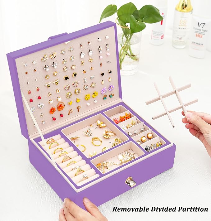 Earrings Jewelry Box for Girls, Large Capacity Jewelry Organizer with 40-Pair Earring Board, 2-Layer Leather Jewelry Storage Box for Necklaces Rings Bracelets with Removable Tray(Gift Idea),Purple - Image 5