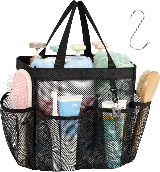 F-color Mesh Shower Caddy Portable for College Dorm Room Essentials with S Hook, 8 Pockets 2 Handles Quick Dry Shower Bag for Camping, Travel, Gym, Bathroom, Hanging Toiletry Organizer, Black by F-color