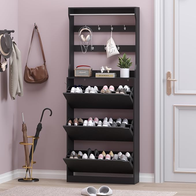 BORNOON Shoe Cabinet with 3 Flip Drawers & Coat Rack, Narrow Hidden Shoe Storage Cabinet, 2-in-1 Hall Tree Slim Freestanding Shoe Rack Organizer for Entryway, Hallway, and Living Room - Image 7