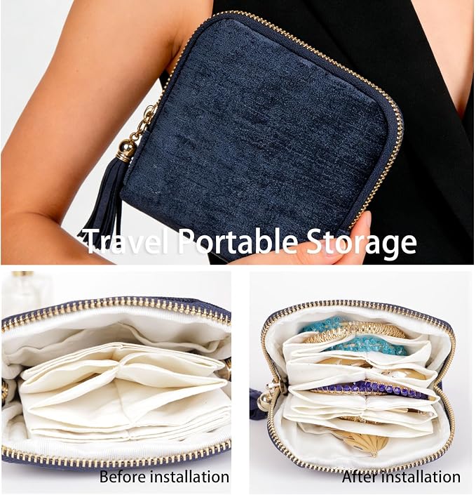 ASINGYER Travel Jewelry Storage Bag for Women, Velvet Portable Jewelry Organizer with Tassel Zipper, Small Pouches for Bracelets Necklaces Rings Earrings, Wedding Gift for Women (dark blue) - Image 3