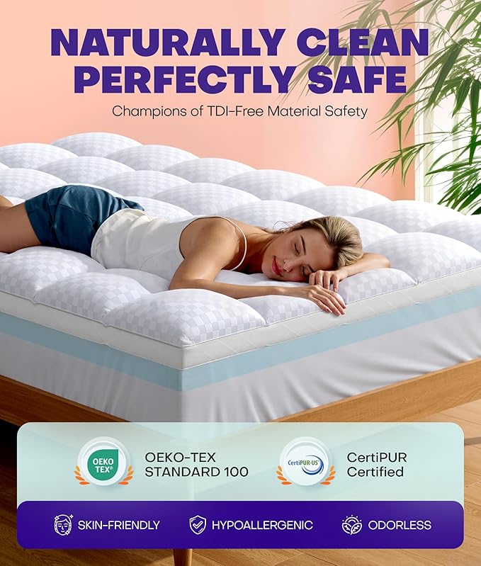 Dual Layer 4 Inch Memory Foam Mattress Topper for Pressure Relief with 4X Support, 2" Fluffy Pillow Top Queen Mattress Topper 50% Viscose Made from Bamboo Plus 2" Cooling Gel Memory Foam Mattress Pad