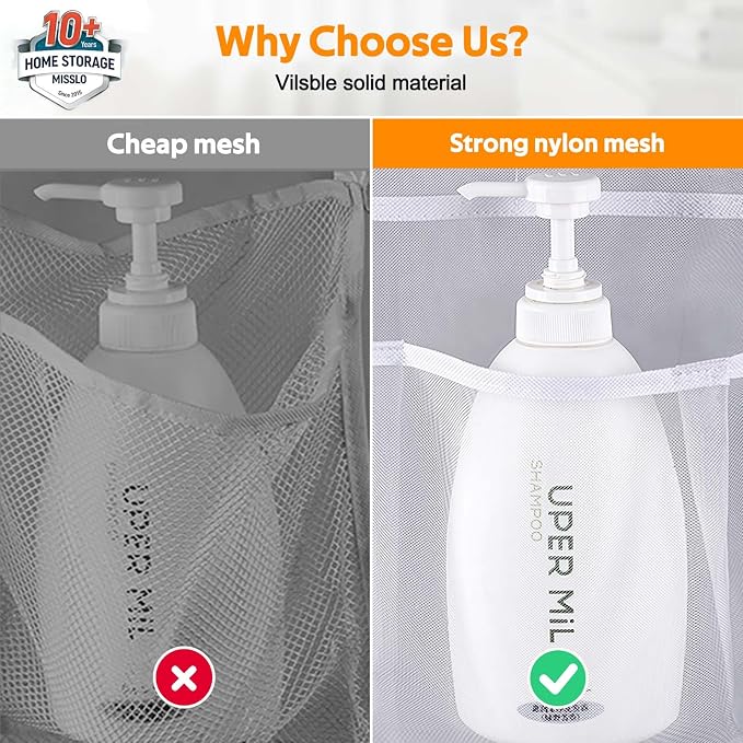 MISSLO Hanging Mesh Pockets Hold 340oz/1000ml Shampoo Shower Organizer with Over the Door Hooks - Image 3