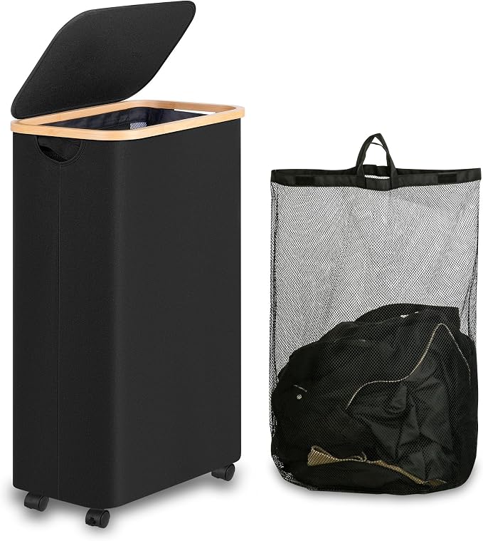 Laundry Basket with Lid, Large Laundry Hamper with Handle and Lid, Collapsible Clothes Basket Organizer with Removable Inner Bag for Clothes Toys Towels (Black, 75L with Wheels) by iEGrow