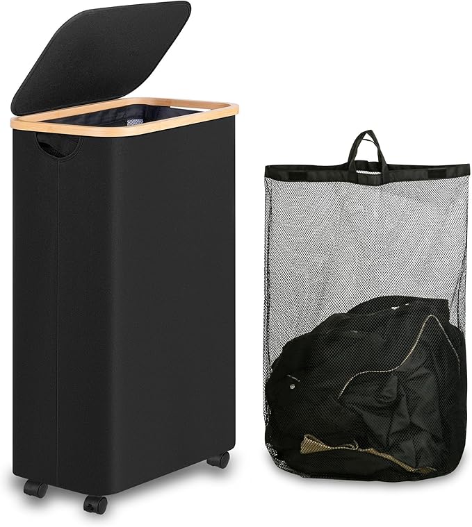 iEGrow 75L Slim Laundry Hamper with Wheels,Clothes Hamper for Laundry,Laundry Basket with Lid & Inner Bag,for Laundry Room, Bedroom, Dormitory Organization,Black by iEGrow