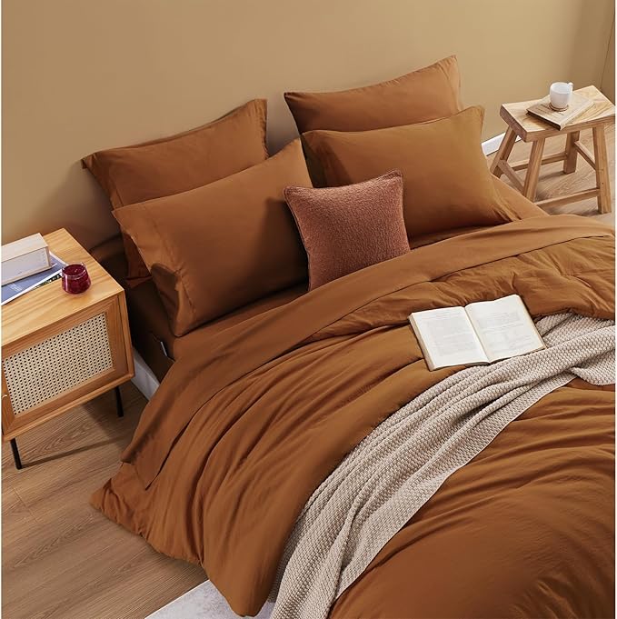 WRENSONGE Terracotta King Comforter Set, 7 Pieces Soft Microfiber King Size Comforter with Fitted Sheet, Flat Sheet 2 Pillow Shams, and 2 Pillowcases- Warm King Bedding Set for All Season