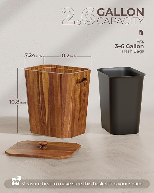 BLUEWEST 2.6 Gallons Acacia Wooden Wastebasket with Lid & PP Liner – Small Trash Can for Bathroom, Bedroom, Office – Decorative Wood Bin with Handle for Under Counter Use - Image 5