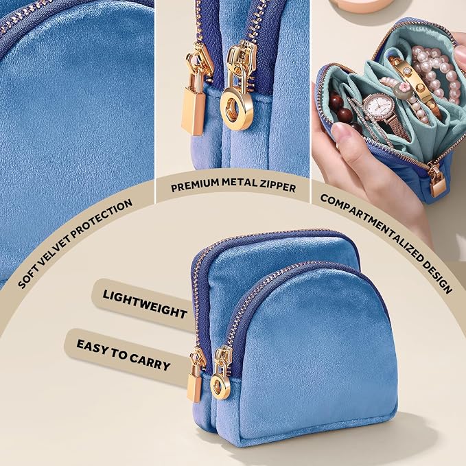 Small Travel Jewelry Case Set 2-in-1 Detachable Velvet Pouches, Portable Jewelry Organizer Bag for Rings Earrings Bracelets, Gift Box for Women (Aqua Blue) - Image 4