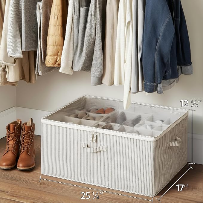 StorageWorks Shoe Organizer for Closet, Fits up to 24 Pairs, Shoe Cubby Storage Containers with Adjustable Dividers and Clear Cover, Khaki and Beige Stripes - Image 6