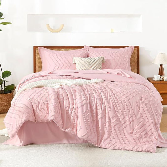 Litanika Pink Full Size Comforter Set with Sheets - 7 Pieces Bed in a Bag Full Boho Tufted Complete Bedding Sets with Comforter, Sheets, Pillowcases & Shams