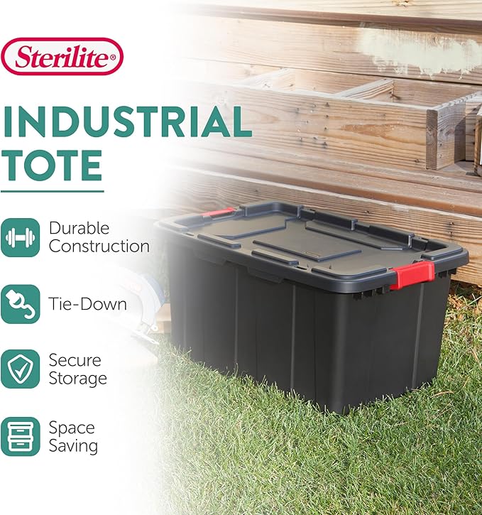 Sterilite 8-Pack Industrial Tote, Plastic Storage Bins with Lids, 27 Gallon, Black - Heavy-Duty Organizing Containers for Closet, Bathroom, and Office