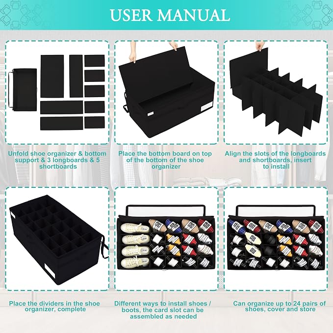Luvhomee Shoe Storage Organizer, Fits 24 Pairs, Large Shoe Organizer Box for Closet, Clear Foldable Shoes Containers w/Bottom Support, Space Saving Shoe Cubby Storage Boxes w/Reinforced Handles, Black - Image 6