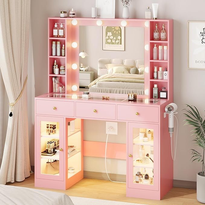 HUANLEGO Pink Vanity Desk with Mirror and Lights, Glass Top Vanity with Lighted Mirror & RGB Glass Cabinet and 3 Drawers, Makeup Vanity Desk with Lights Dressing Table for Bedroom, 3 Color Modes
