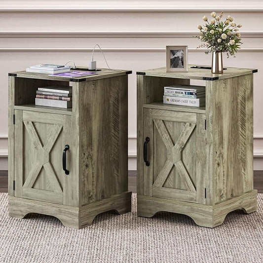 RoyalCraft 25" Tall Nightstands Set of 2, Farmhouse Nightstand with Charging Station, Large End Table with Storage, Wooden Rustic Bedside Table for Bedroom, Light Grey