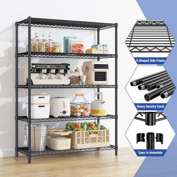 5 Tier Storage Shelves 71"H Wire Shelving Adjustable Metal Shelving,1000LBS Pantry Shelves Sturdy Steel Wire Shelf for Kitchen School Pantry Garage Warehouse ,71"H X35.5"W X13.8"D, Black,2P - Image 5