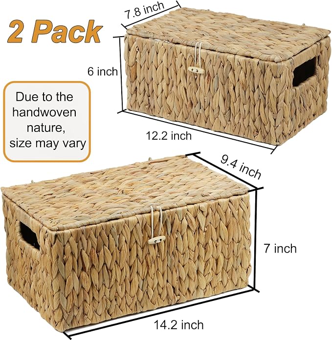 ORDELITE Set of 2 Wicker Basket with Lid, Rectangular Water Hyacinth Storage Baskets for Organizing, Decorative Woven Basket Bins Boxes for Organizing Home - Image 3