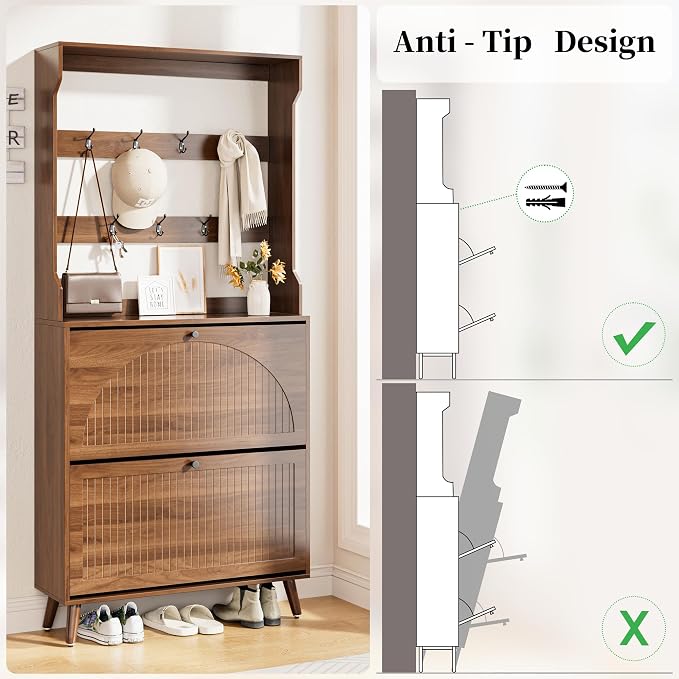 Fsbecl Shoe Cabinet for Entryway with 2 Flip Drawers & Coat Rack, Narrow Hidden Shoe Storage Cabinet with Fluted Panel, 2-in-1 Hall Tree Slim Freestanding Shoe Rack Organizer for Hallway, Walnut - Image 9