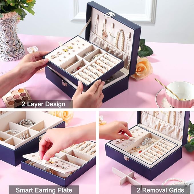 Voova Jewelry Box Organizer for Women Girls, 2 Layer Large Men Jewelry Storage Case,PU Leather Display Jewellery Holder with Removable Tray for Necklace Earrings Rings Bracelets，Vintage Gift，Navy Blue - Image 3