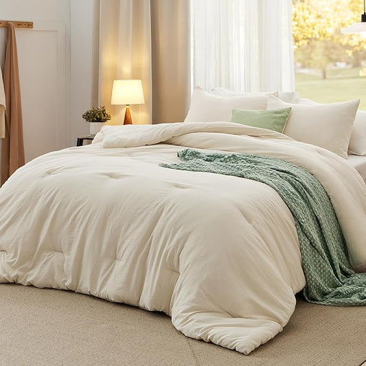 Bedsure Full Comforter Set, Cream Soft Prewashed Bedding for All Seasons, 3 Pieces GentleSoft™ Bed Set, 1 Lightweight Comforter (82"x86") and 2 Pillowcases (20"x26")