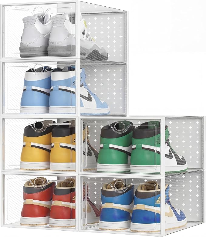 Pinkpum XXL Larger Shoe Storage Boxes Fit Size 14, Clear Plastic Stackable Shoe Organizer 6 Pack Sneaker Storage for Sneakerheads Shoe Containers by Pinkpum