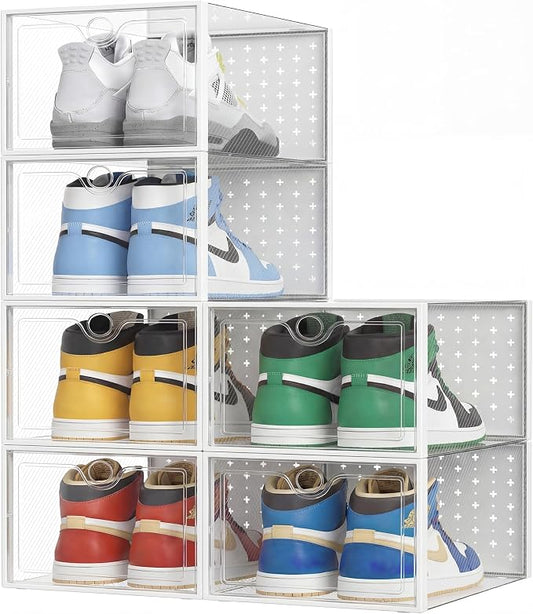 Pinkpum XXL Larger Shoe Storage Boxes Fit Size 14, Clear Plastic Stackable Shoe Organizer 6 Pack Sneaker Storage for Sneakerheads Shoe Containers by Pinkpum