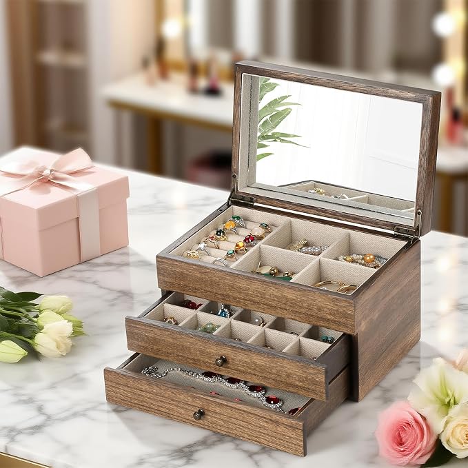 Meangood Jewelry Box Organizer for Women, 3 Layer Large Jewelry Storage Case, Rustic Wooden Jewelry Box with Mirror & Ring Tray for Necklace Earring Bracelets Rings, Vintage Style (Walnut) - Image 8