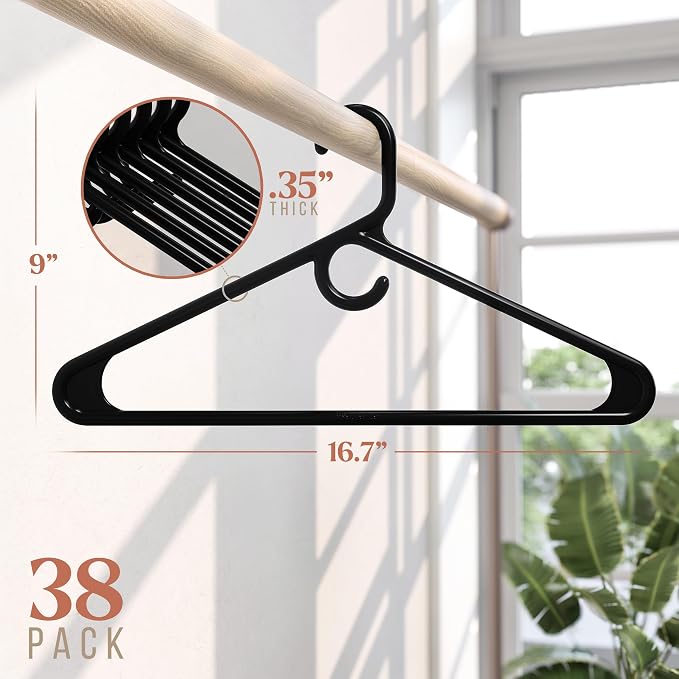 NEATERIZE Thick Heavy Duty Hangers - Black Plastic Clothes Hangers 38 Pack - Great for Coat Hanger, Jackets Jeans & Suit Hanger for Closet - New Apartment Essentials Percheros Ganchos para Colgar Ropa - Image 2