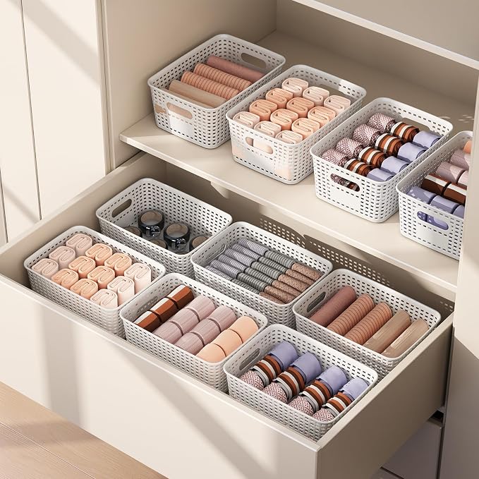 ORGIDOL Plastic Storage Basket with Lids 12 Pack Stackable Storage Bins Containers with Lid, Decorative Storage Boxes for Organizing Shelves, Drawers, Playroom, Classroom, Office, Closet, White - Image 8