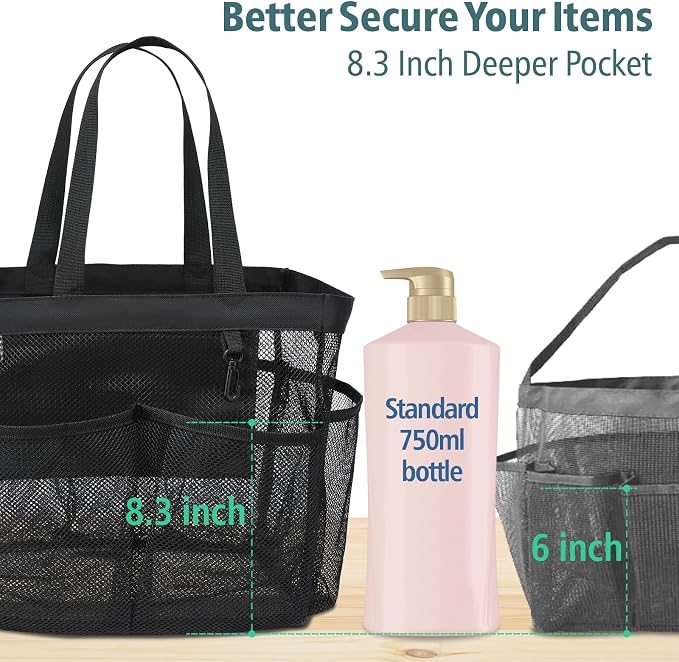 F-color Mesh Shower Caddy Portable, X Large 7 Deeper Pockets Shower Bag Basket Tote for College Dorm Room Bathroom Essentials Gym Camp Quick Dry 2 handles with S Hook, 2 Pack Black - Image 2