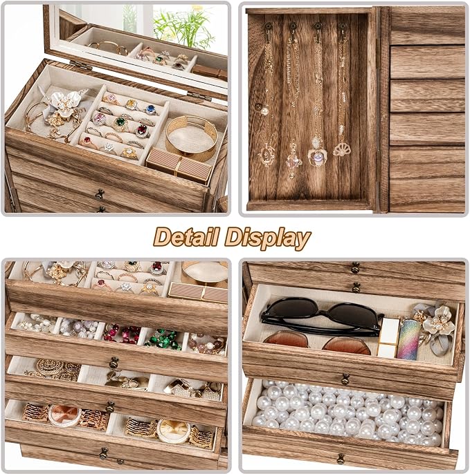 Emfogo Wooden Jewelry Box for Women, 6-Tier Large Jewelry Organizer Boxes with Mirror Rustic Solid Wood jewlery Storage Display for Rings Earrings Necklaces Bracelets watches(Carbonized Black) - Image 5