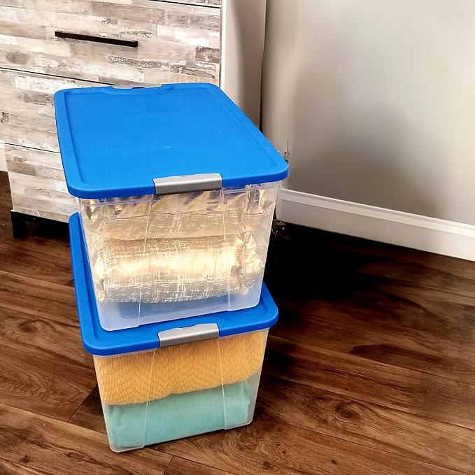 HOMZ 4-Pack Secure Latch, Clear Plastic Storage Organizer Bins, 64 Quart, Blue Lid - Stackable Container Boxes for Bedroom, Bathroom, Garage, and Office Organization - Image 9