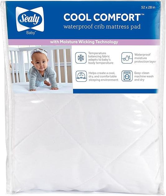 Sealy Baby Cool Comfort Cooling Breathable Waterproof Crib Mattress Protector Pad, Toddler Bed Cover, Infant and Newborn Durable Comfortable Topper, Machine Washable and Dryer Friendly, 52x28”- White