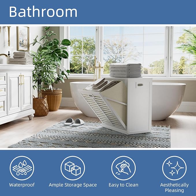 HITNET Tilt Out Laundry Hamper Cabinet, Bathroom Laundry Cabinet with 20 Gallon Clothes Basket, Space Saving Freestanding Bamboo Storage Organizer for Towels and Toys, White - Image 6