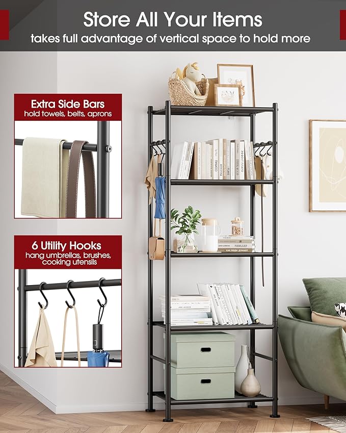 Sakugi Storage Shelves - 5-Tier Large Capacity Shelf Organizer with Hooks, Heavy-Duty Garage Shelving with Leveling Feet, Wobble-Free Rack for Bedroom, Balcony, Garage, 18.1"×12.4"×56.8", Black - Image 5