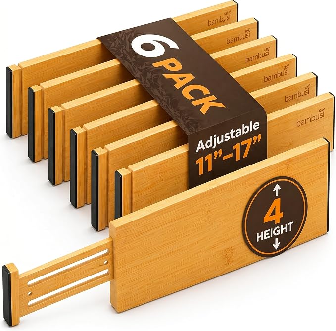 6-Pack Drawer Dividers - 4 Inches High, Adjustable 11 to 17 Inches Bamboo Drawer Organizers, Large Deep Expandable Separators for Clothes, Dresser, Bedroom, Bathroom, Baby, Office, Kitchen Utensils - Image 8