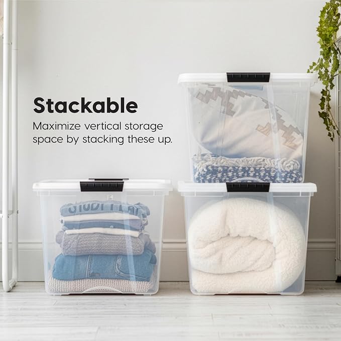 IRIS USA 72 Qt Stackable Plastic Storage Bins with Lids, 4 Pack - BPA-Free, Made in USA - See-Through Organizing Solution, Latches, Durable Nestable Containers, Secure Pull Handle - Clear/White - Image 6