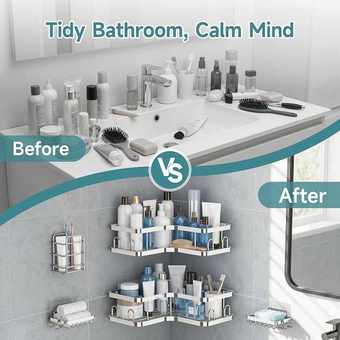 Veken Corner Adhesive Shower Caddy 3-Pack with Soap Holder&Hooks,No Drilling Shower Shelves,Rustproof & Waterproof Bathroom Organizers and Storage,Rack for Small Spaces, Kitchen&Rental-Friendly,Silver - Image 6