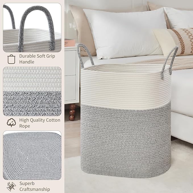 AINUOQI Laundry Basket with Handles - Blanket Basket & Hampers for Bedroom Aesthetic, Laundry Hamper & Blanket Storage for Living Room, Clothes Hamper, Tall, Large 17" x 14" x 24”, White & Grey - Image 4
