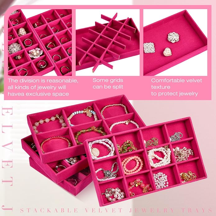 Junkin 12 Pcs Jewelry Tray Velvet Stackable Jewelry Organizer Trays Divided Earring Accessories Storage Containers Box (Rose Red) - Image 3