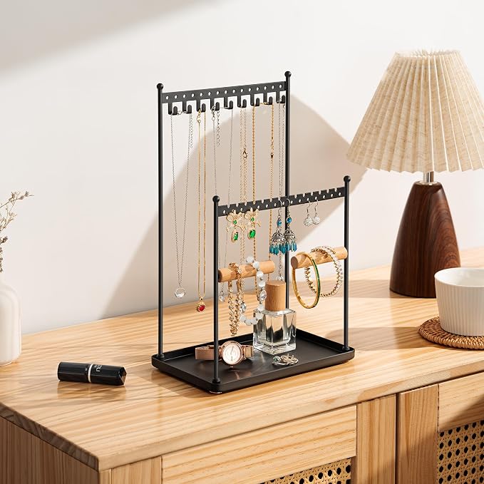 3 Tier Black Jewelry Stand, Necklace Organizer, Earring Holder with 44 Holes and 9 Hooks, for Necklaces, Bracelets, Rings - Image 5