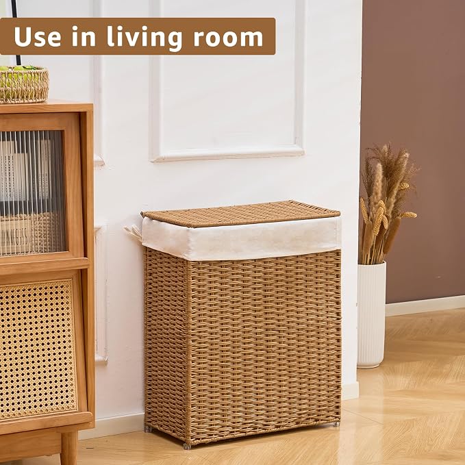 Slim Wicker Laundry Hamper with Lid, 75L Handwoven Rattan Basket with Handles, Narrow Laundry Basket with Removable Liner Bag & 2 Mesh Bags - Image 3