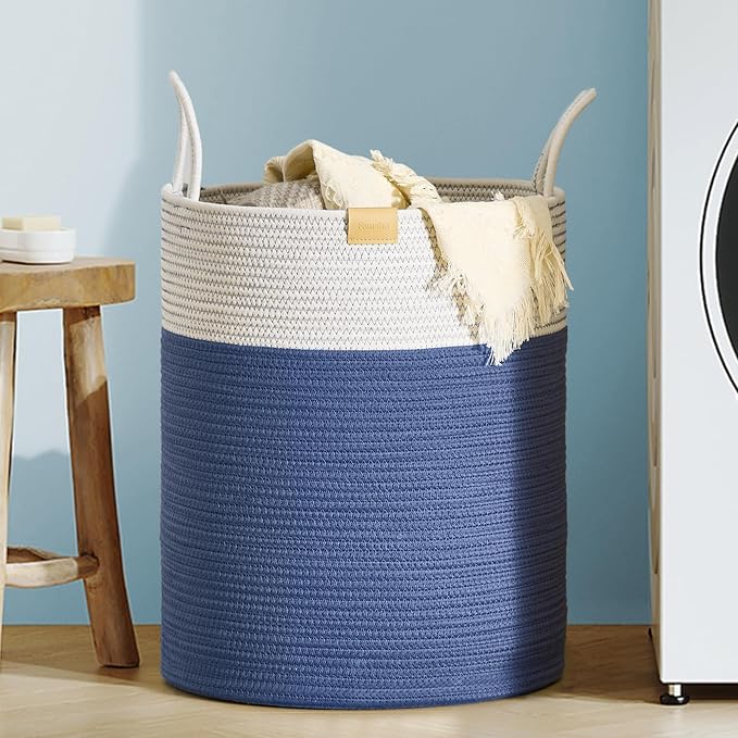 Nunsino Laundry Hamper 62L,Large Laundry Basket for Clothes,Decorative Storage Basket for Blankets,Cotton Rope Woven basket for bedroom,Navy Blue by Nunsino